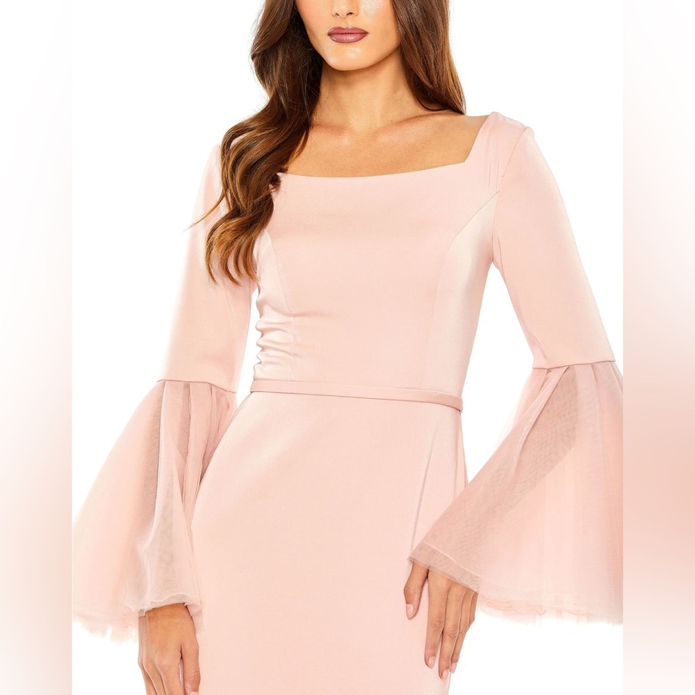Mac Duggal Blush Pink Long Sleeve Maxi Gown with Sheer Bell Sleeves - Picture 3 of 11